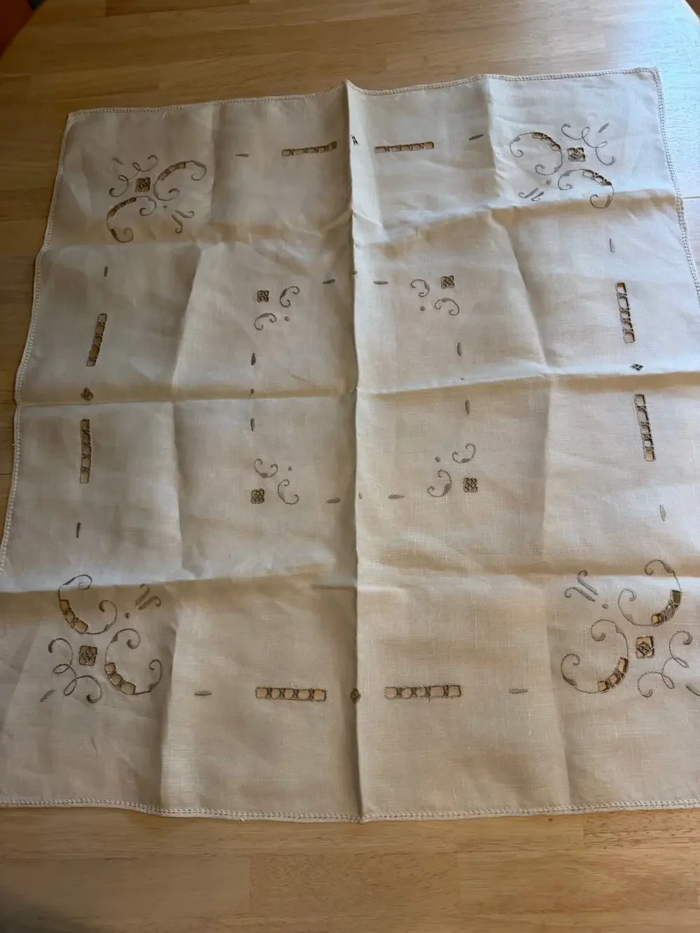 Vintage Cutwork Embroidered Linen Table Topper Small Tablecloth 35x32